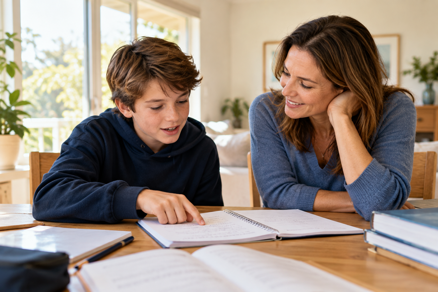 A parent and child discussing a notebook together at their home study table