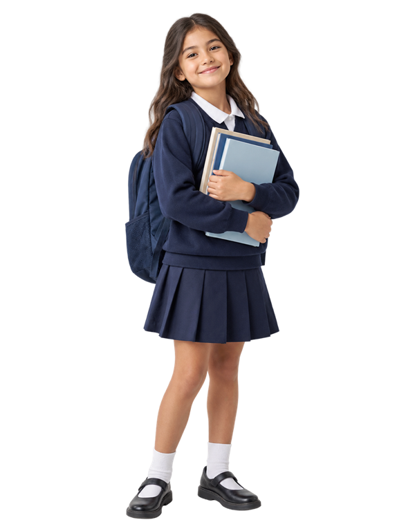 A confident schoolgirl with a backpack holding her study books